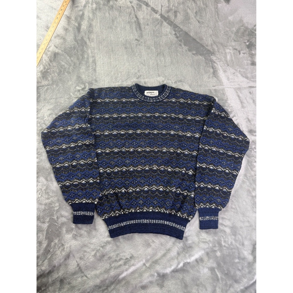 Mondo Di Marco Sweater 1990s Mens L Blue Geometric Crew Neck Cuffs And Hem